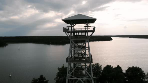 Aerial shot of Wdzydzki Park Krajobrazowy in Kaszuby, Poland with view of observation tower in Wdzyd