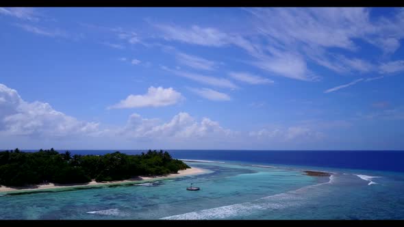 Aerial drone landscape of luxury island beach voyage by turquoise sea with white sandy background of