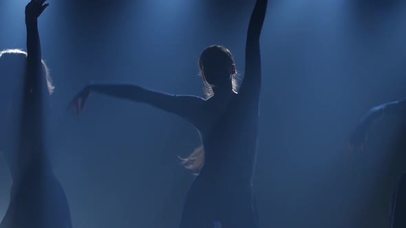 Close-up Slow Motion, Three Sporty Ballerinas Dancing Elements of Ballet