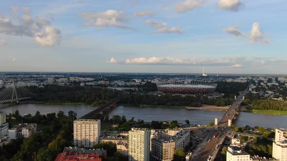 Drone view of Swietokrzyski Bridge and National Stadium in Warsaw, Poland