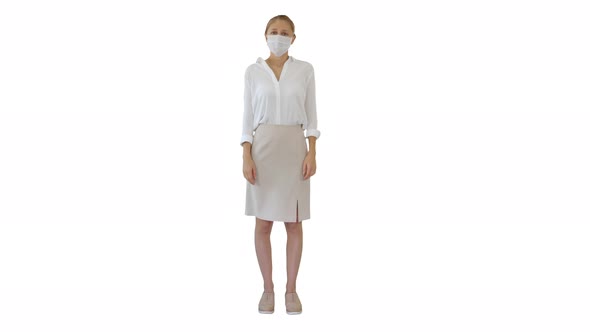 Business Woman in a Protective Medical Mask on White Background