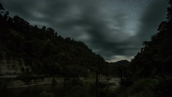 Clouds Sky Moving Fast over Whanganui River in Dark Starry Night Nature in New Zealand