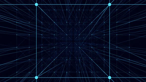 Blue geometric background of a wireframe of lines and particles