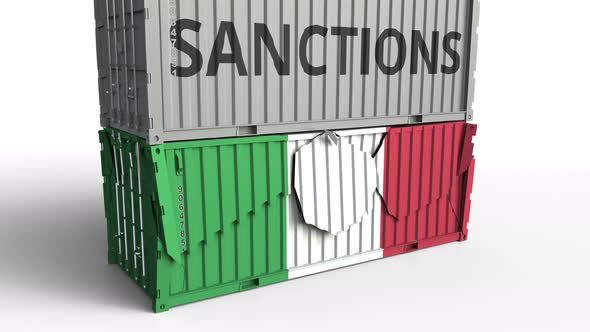 Container with SANCTIONS Text Breaks Container with Flag of Italy