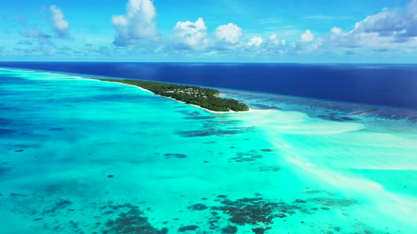 Aerial above panorama of marine bay beach wildlife by blue ocean with white sand background of journ