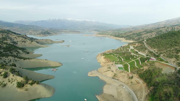 Nature Artificial Lake And Mountains Aerial View