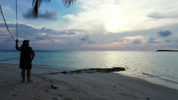 Lady alone relaxing on beautiful bay beach journey by transparent lagoon and clean sandy background 