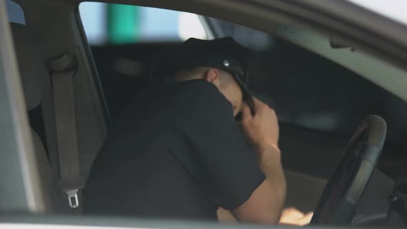 Tired Male Officer Getting Into Car After Hard Workday, Stressful Job, Problems