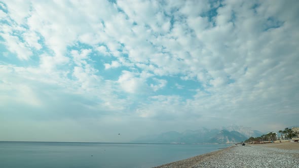 Panoramic View of Pebble Beach of Mediterranean Sea Coast in Antalya Turkey