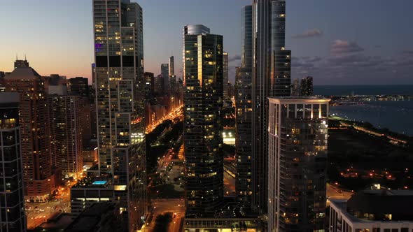 Aerial View of Downtown Chicago at Dusk