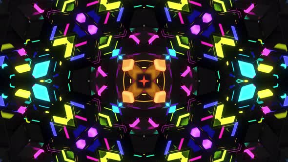 Dark Looped Bg with Abstract Symmetrical Pattern of Geometric 3d Stuff and Neon Light