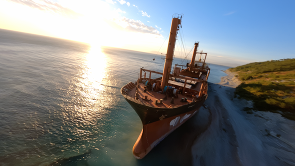 Cinematic Shot of Cargo Ship Washed Ashore During a Storm