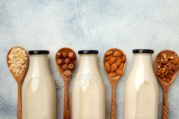 Milk and nuts in wooden spoons top view / Photodune, Misc