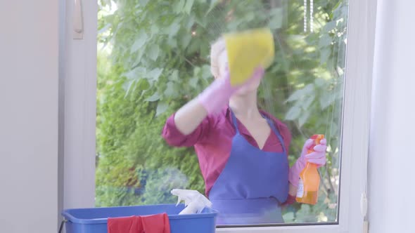 Portrait Adorable Blond Girl in Blue Apron Washing the Window with Window Rag in the Room