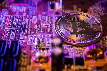 Golden coins with bitcoin symbol on a main board computer. / Photodune, Misc