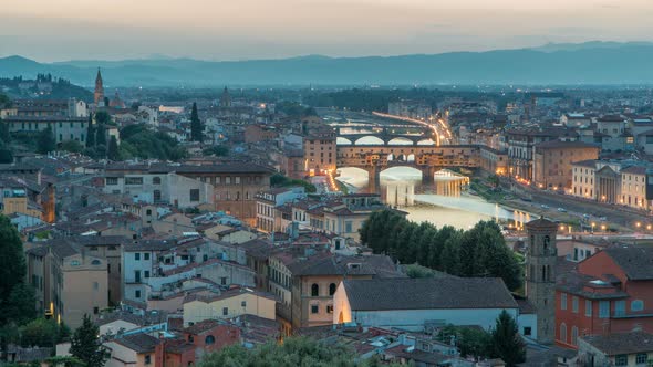 Scenic Skyline View of Arno River Day To Night Timelapse, Ponte Vecchio From Piazzale Michelangelo