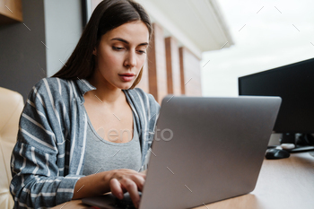 Charming focused woman working with laptop while sitting at table / Photodune, Misc