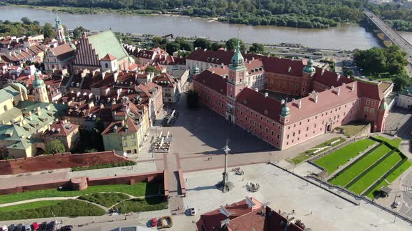 Drone shot of Warsaw castle square, Poland, Europe