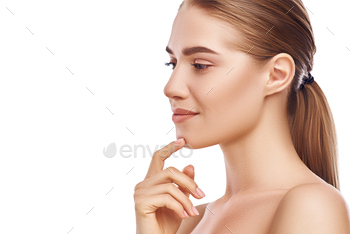 Beautiful womans profile left side close-up studio on white. / Photodune, Misc