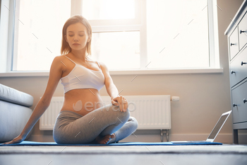 Concentrated lady taking online yoga lessons at home during pregnancy / Photodune, Misc