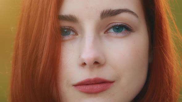 Front Close Up Portrait of Redhead Teenage Young Girl Attractive Woman Beautiful Stylish Model with