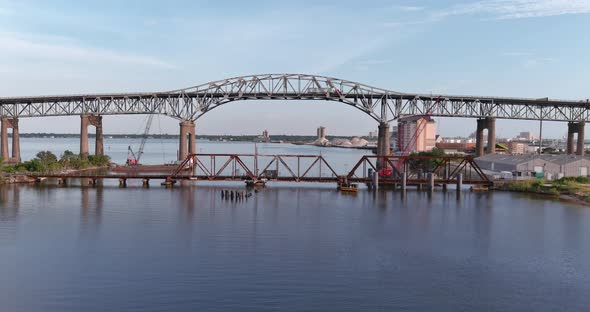 Aerial of cars traveling over the Calcasieu River Bridge in Lake Charles, Louisiana