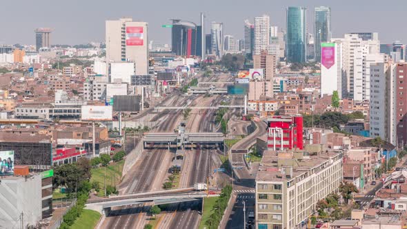 Aerial View of Via Expresa Highway and Metropolitan Bus with Traffic Timelapse