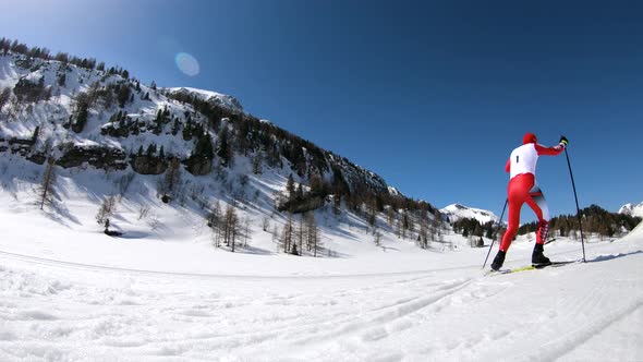 Cross Country Skier in Slow Motion on Trail