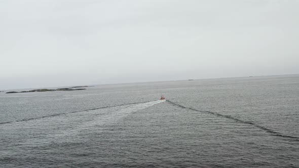 Sailing Across Scandinavian Seascape Near Atlantic Ocean Road In Norway. Aerial Wide