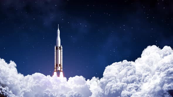 Space Launch System Takes Off On Background Of Blue Sky alt