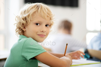 Handsome curly boy holding pencil while sitting at the desk / Photodune, Misc