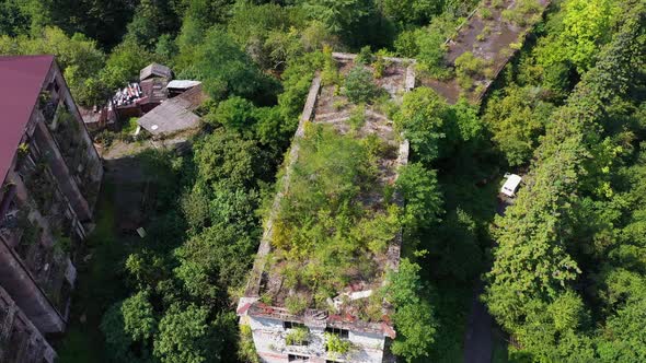 Ruined Lost Overgrown Mining Ghost Town Akarmara Consequences of War in Abkhazia Aerial View From