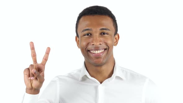 Victory Sign by Black Man on White Background