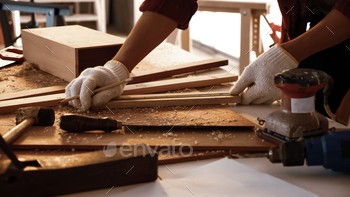 Carpenter using tape measure to scale size of board. / Photodune, Misc