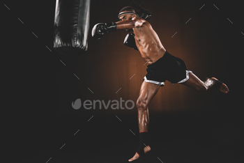 side view of muay thai fighter training with punching bag, action sport concept / Photodune, Misc