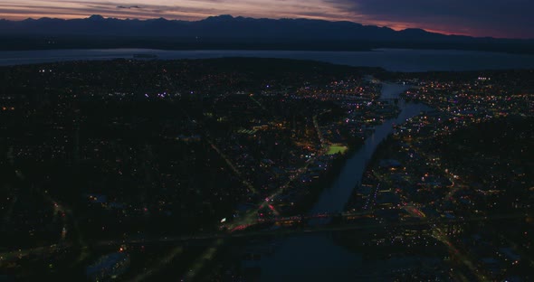 Seattle Washington Night Aerial View Fremont Bridge Cut Lake Ship Canal Salmon Bay Ballard Locks