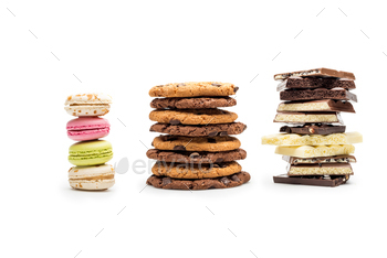 front view of macaroons, cookies and chocolate bars isolated on white / Photodune, Misc