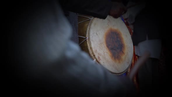 Old Rustic Drum Beat By Local Indians During Himachal Festivity In Manali India