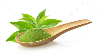 matcha green tea powder in wood spoon with leaf on white / Photodune, Misc