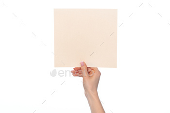 Female hand holding blank white sheet of paper isolated on white / Photodune, Misc
