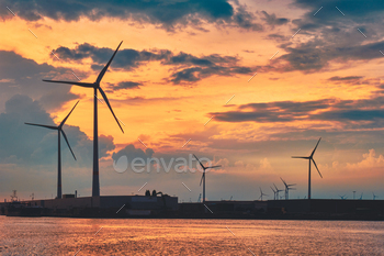 Wind turbines in Antwerp port on sunset / Photodune, Misc