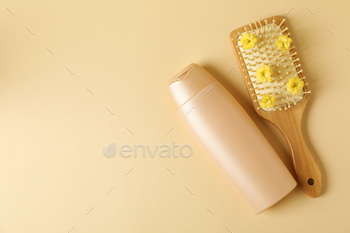 Blank bottle of shampoo and hair brush on beige background / Photodune, Misc