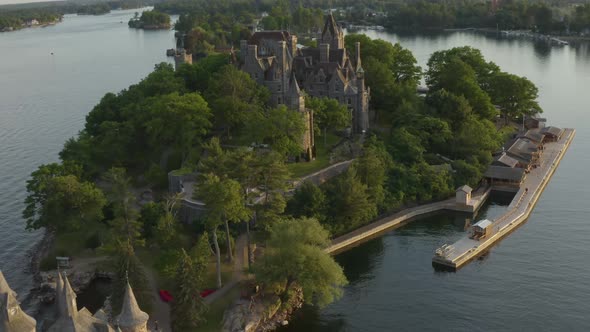 Boldt Castle in the Thousand Islands on the St. Lawrence River at Sunset - Aerial Drone View in HD a