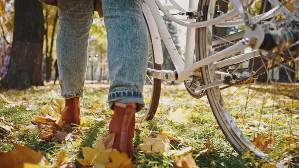 Legs of Unknown Female Walking Rolling Bicycle By Green Grass Covered with Yellow Leaves