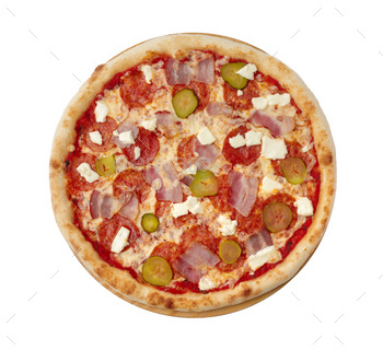 Pizza with ham and marinated cucumbers isolated on white / Photodune, Misc