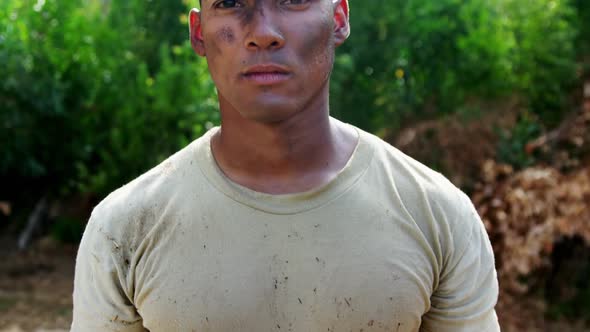 Military soldier standing at boot camp 4k