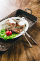 Grilled fried roast Chicken tobacco on cutting board with potato on wooden background - PhotoDune Item for Sale