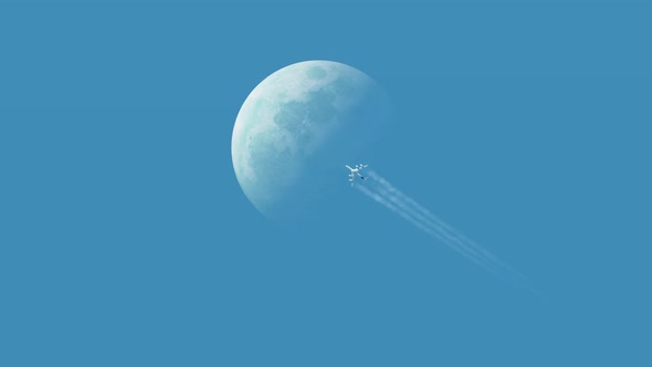 Plane flying passing over moon in clear blue sky cinemagraph loop