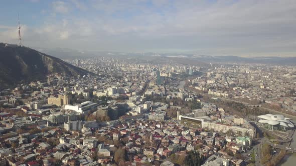 Aerial view of center of Tbilisi. Mtatsminda. TV tower. Georgia 2017 December