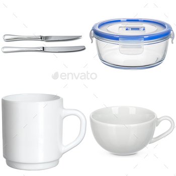 Collage of crockery and cutlery on white background / Photodune, Misc
